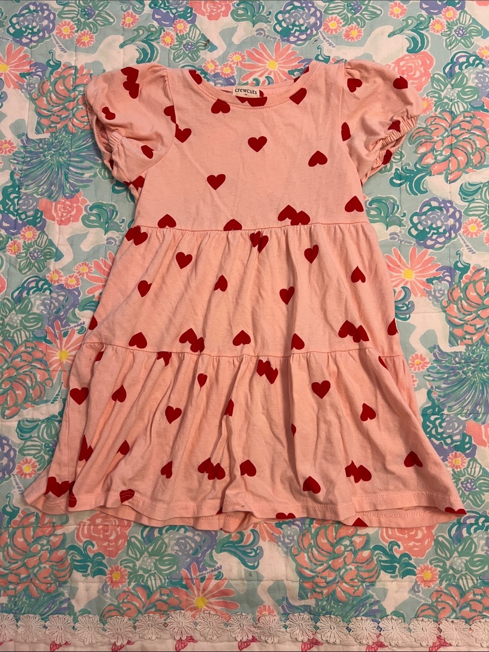 Crewcuts Pink Dress with Red Heart Print and Tiered Skirt